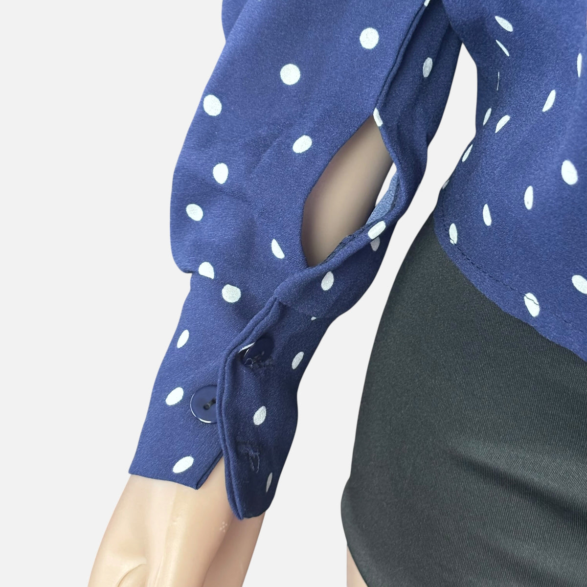 Navy Polka Dot Keyhole Long Sleeve Blouse