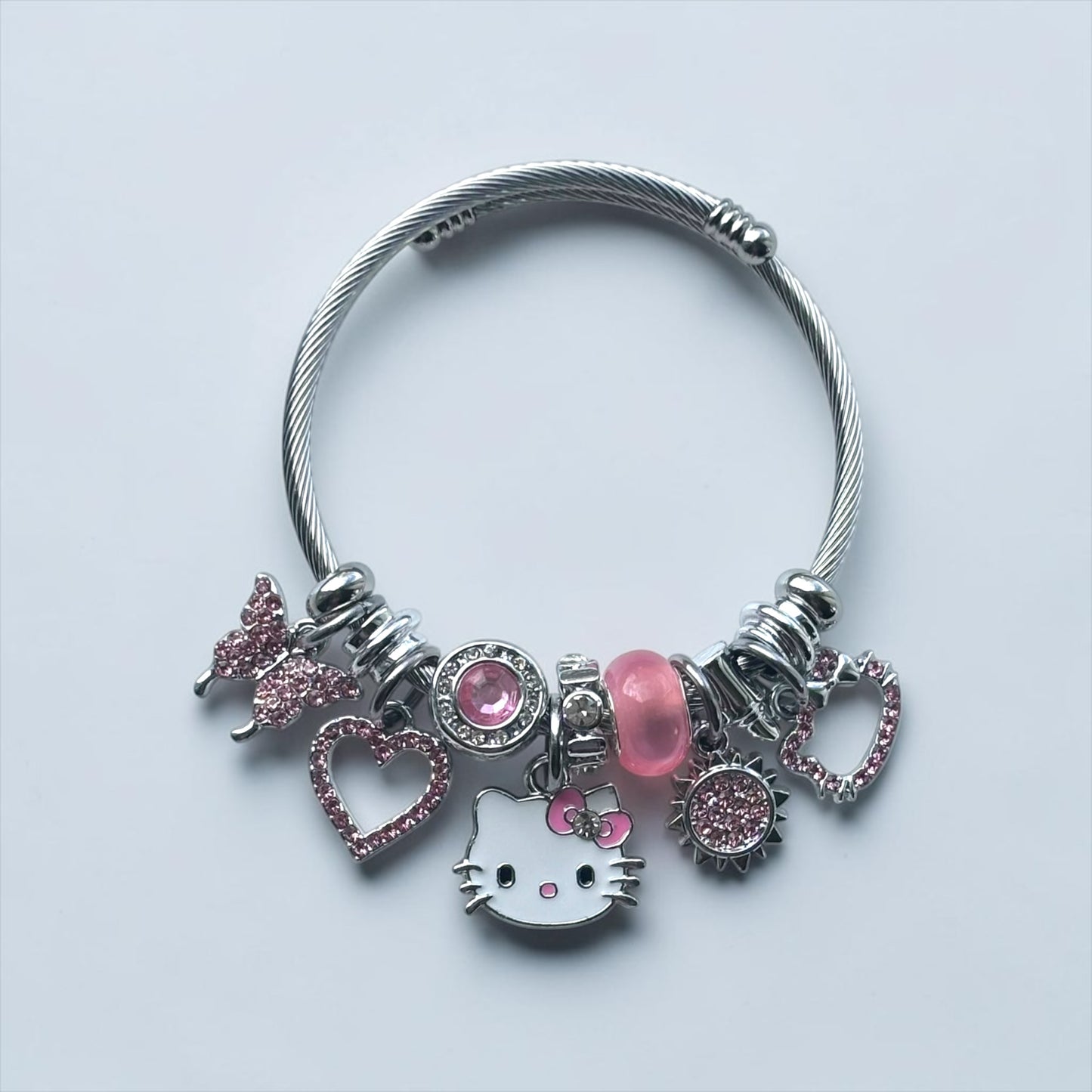 Pink & Silver Kitten Charm Bangle Bracelet for Girls