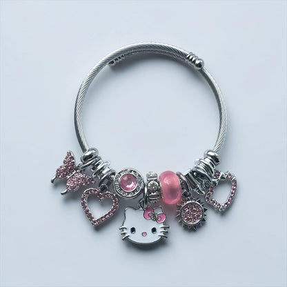 Pink & Silver Kitten Charm Bangle Bracelet for Girls