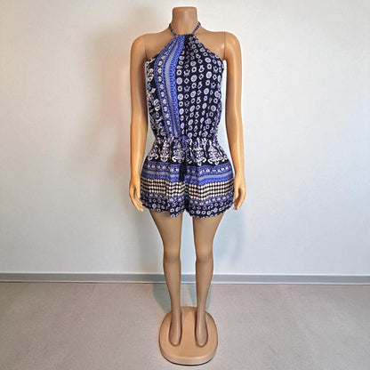Halter Neck Blue Short Keyhole Romper