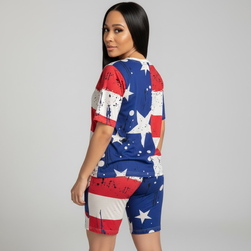 Conjunto de dos piezas de pantalones cortos con estampado de bandera estadounidense para mujer