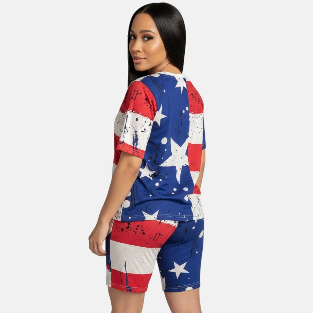 Conjunto de dos piezas de pantalones cortos con estampado de bandera estadounidense para mujer