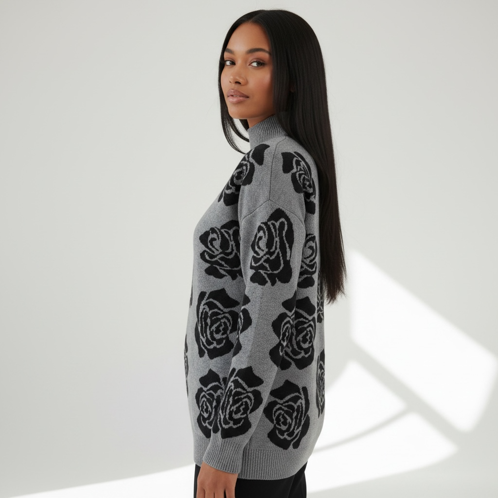Gray Rose Jacquard Mock Neck Sweater