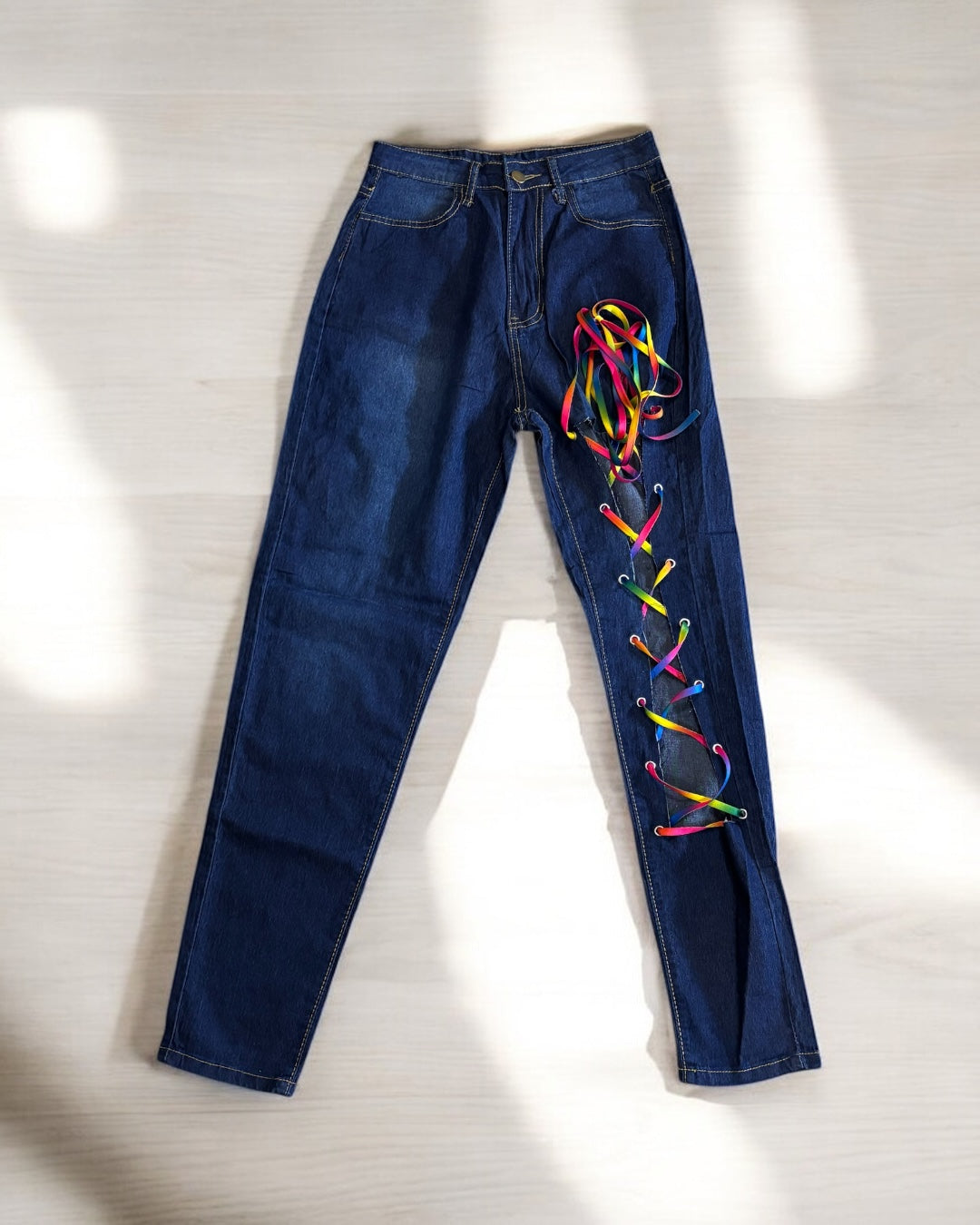 Rainbow Lace Women Low Waist Skinny Jeans