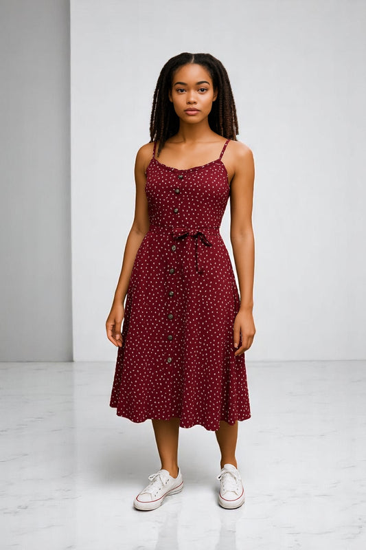 Vestido de verano con escote fruncido y estampado floral color burdeos