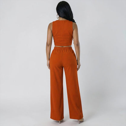 Rust Scoop Neck Vest & Wide Leg Pants Set