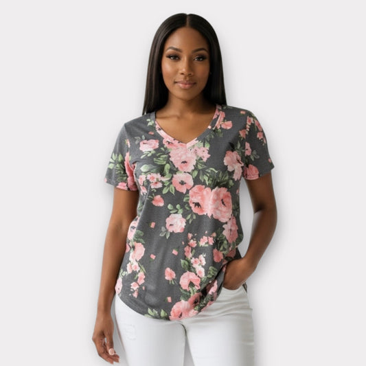 Floral V Neck Women Gray Short Sleeve Shirt