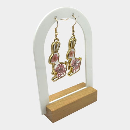 Clear Bunny Earrings with Pink Flower & Gold Detail