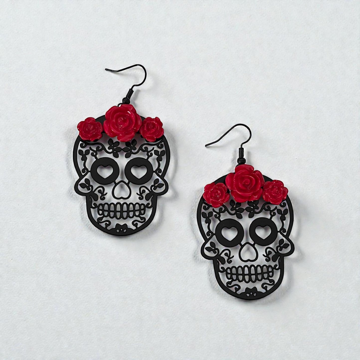 Red Roses Skull Head Drop Earrings