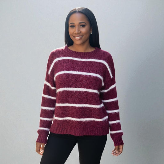 Striped Burgundy Long Sleeve Knit Sweater