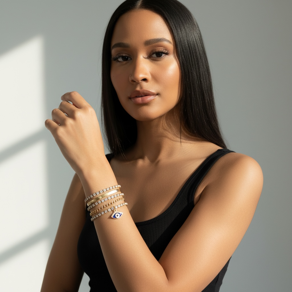 Gold Evil Eye & Crystal Layered Bracelet Set