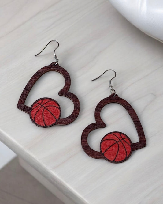 Heart Basketball Wood Earring