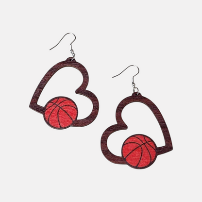 Heart Basketball Wood Earring