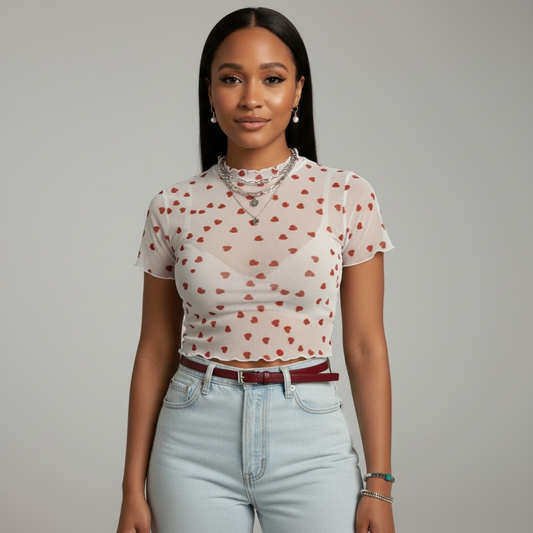 Allover Heart Mock Neck Mesh White Top