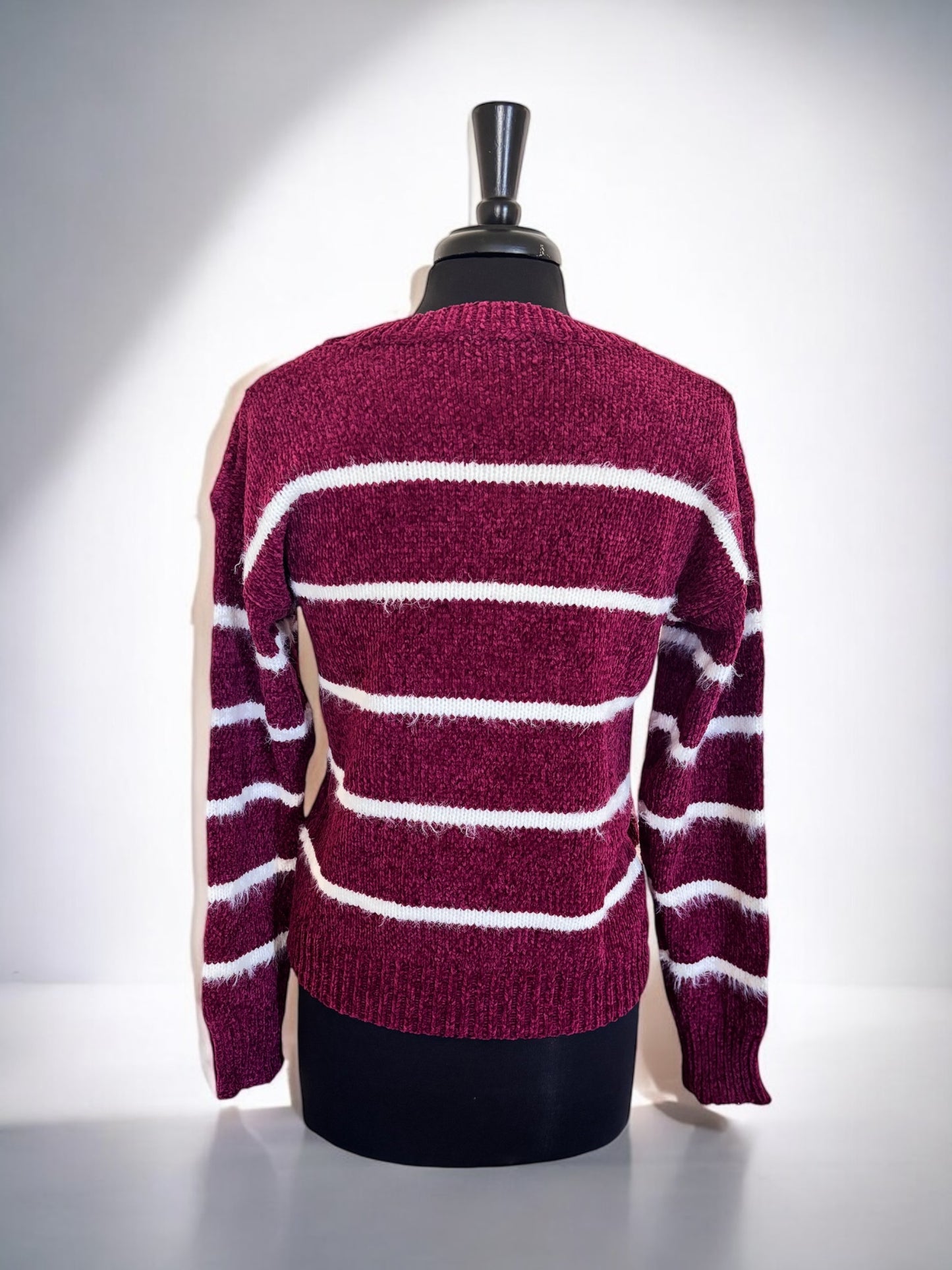Striped Burgundy Long Sleeve Knit Sweater