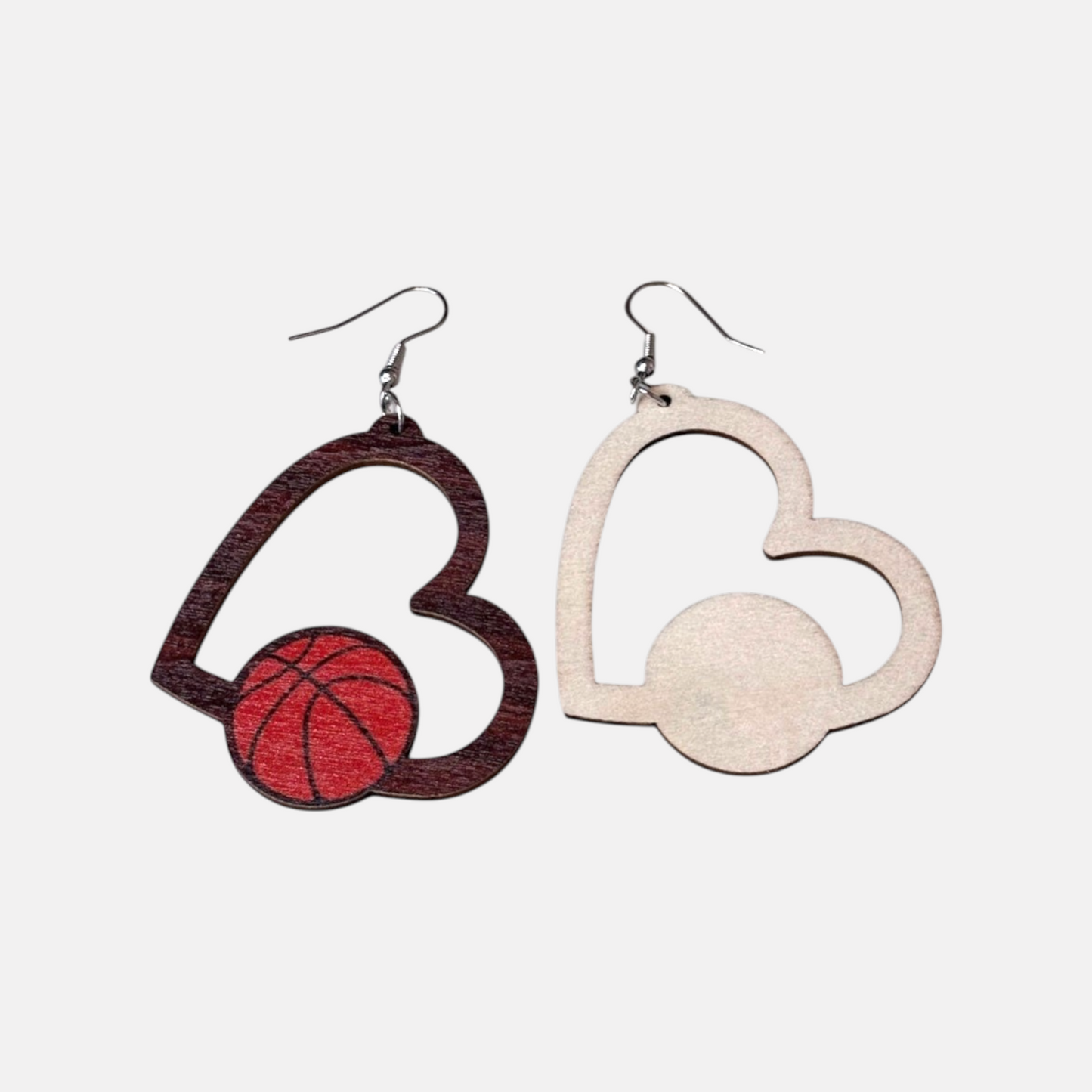 Heart Basketball Wood Earring