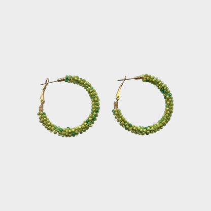 Omayra Boutique Lucky Green hoop earrings featuring vibrant green seed beads on a lightweight zinc alloy frame.