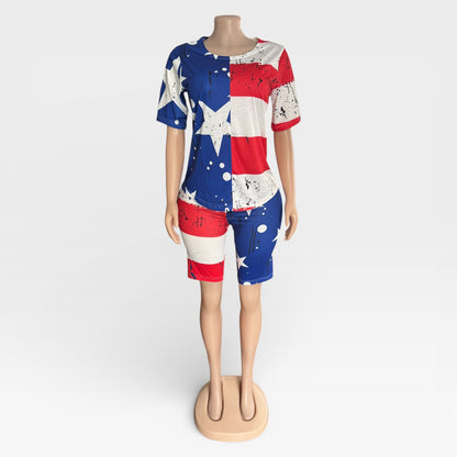 Conjunto de dos piezas de pantalones cortos con estampado de bandera estadounidense para mujer