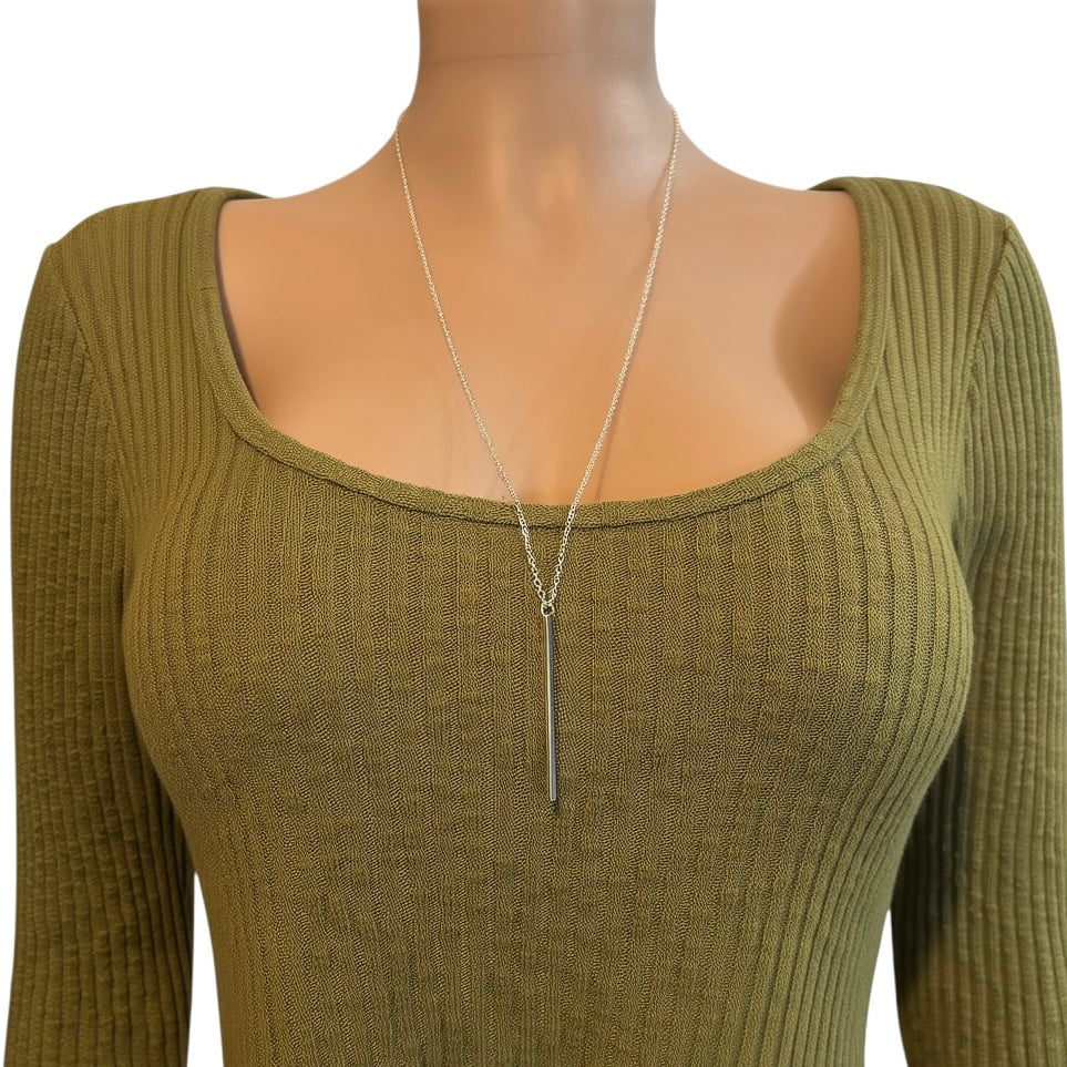Long Classic Stick Pendant Silver Necklace