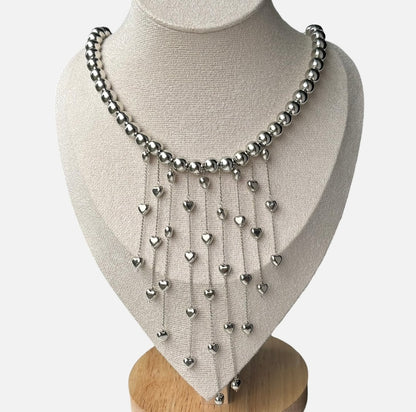 Silver Alloy Heart Cascade Choker Necklace