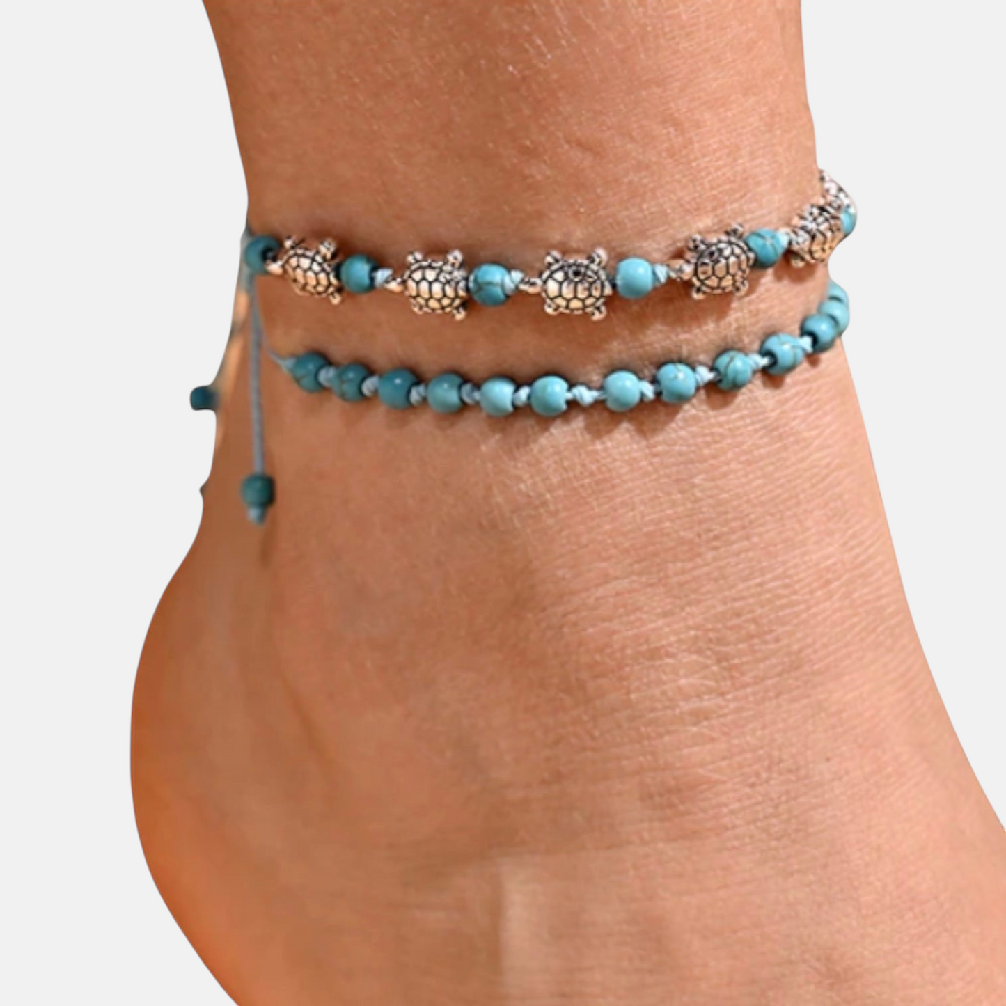 Pulsera de tobillo con forma de tortuga bohemia hecha a mano y anudada de 2 piezas