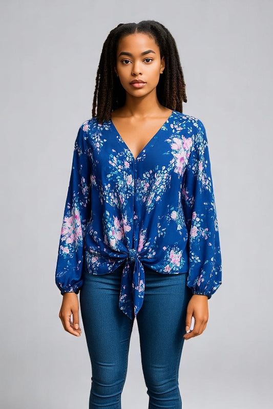 Blusa informal con cuello en V y lazo frontal con estampado floral para mujer
