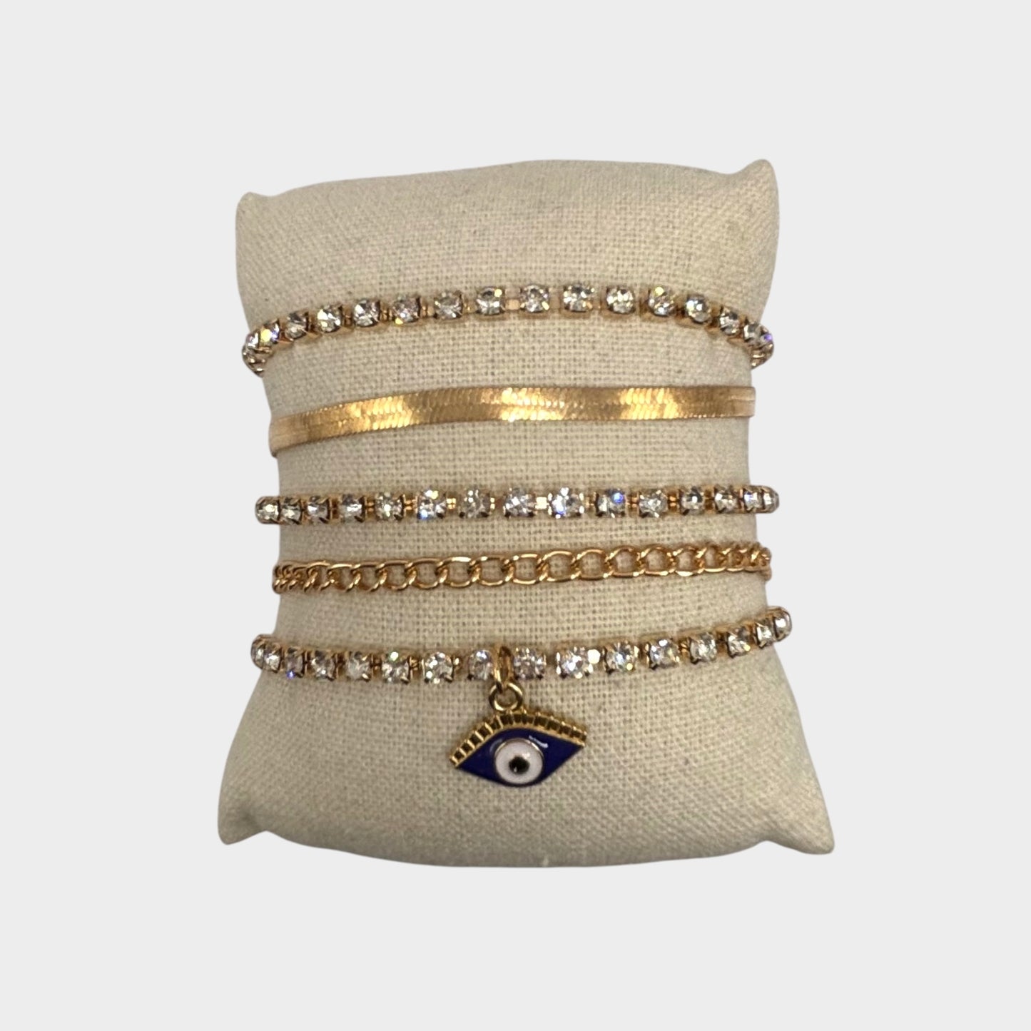 Gold Evil Eye & Crystal Layered Bracelet Set