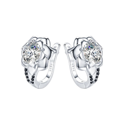 Pendientes de aro con flores redondas de plata y negro