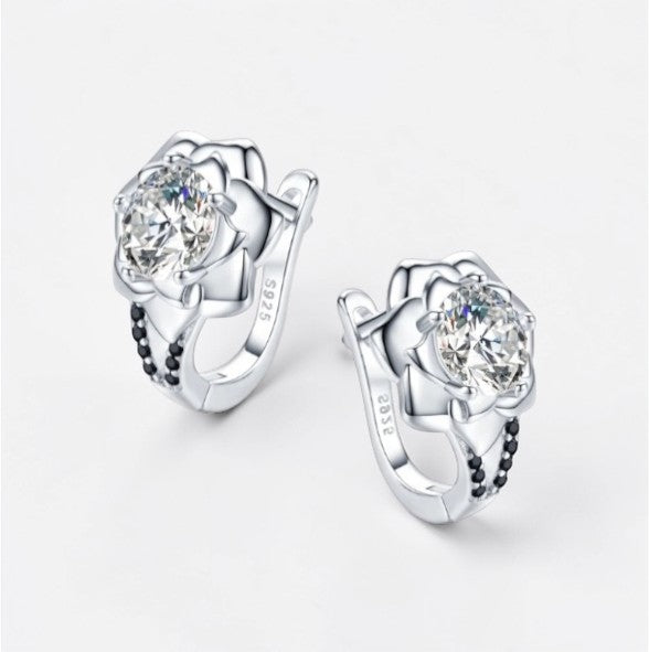 Pendientes de aro con flores redondas de plata y negro