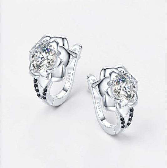 Pendientes de aro con flores redondas de plata y negro