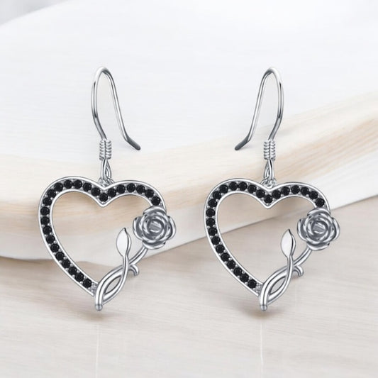 Heart Black Spinel Flower Drop Earrings