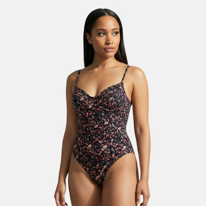 Body de tirantes finos con estampado floral bohemio negro