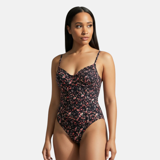 Body de tirantes finos con estampado floral bohemio negro