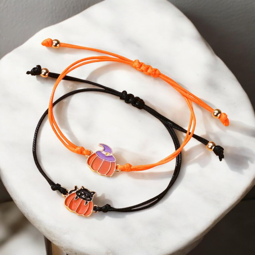 Pumpkin Hat and Cat Bracelet Set