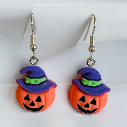 Pumpkin & Purple Witch Hat Dangle Earrings