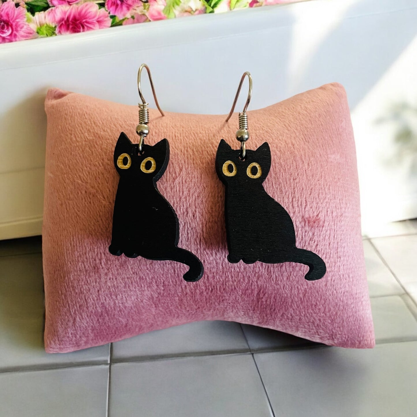 Small Black Cat Drop Earring