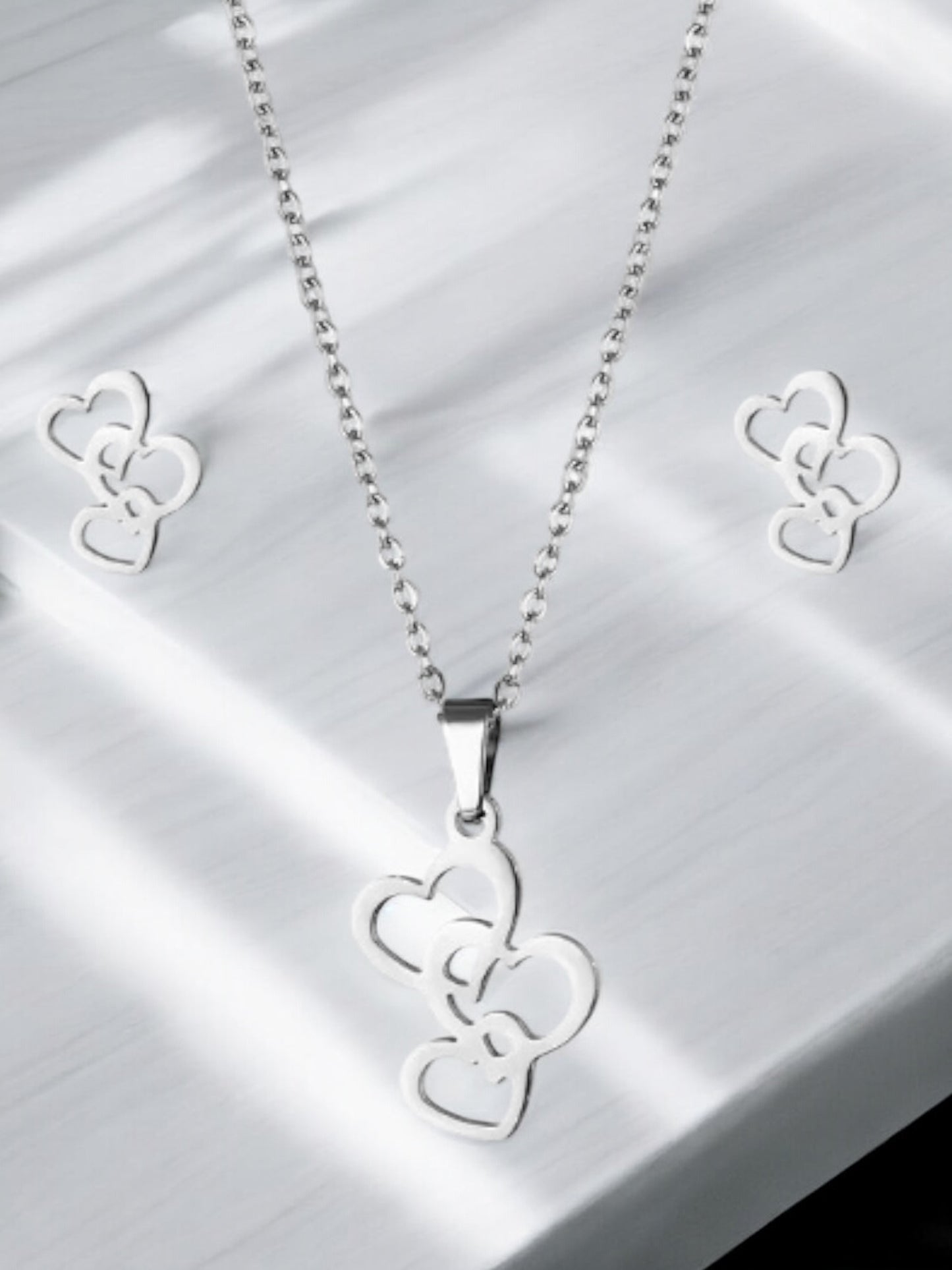 Stainless Steel Triple Heart Necklace & Earring Set
