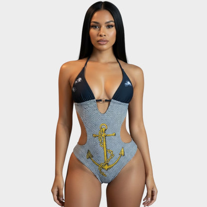 V Neck Women Navy Blue Halter Swimsuit