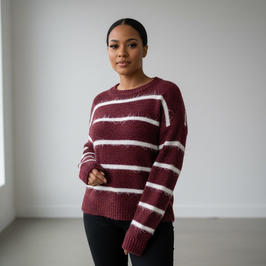 Striped Burgundy Long Sleeve Knit Sweater