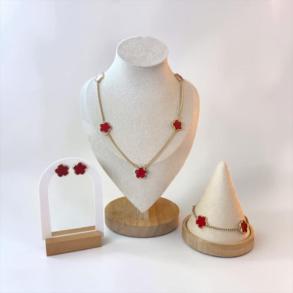 Gold & Red Clover Necklace, Bracelet & Earrings Set