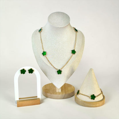 Gold & Green Clover Necklace, Bracelet & Earrings Set