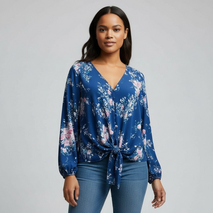 Blusa informal con cuello en V y lazo frontal con estampado floral para mujer