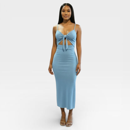 Vestido largo azul con abertura lateral para mujer