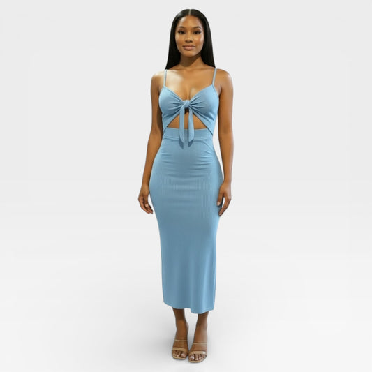 Vestido largo azul con abertura lateral para mujer