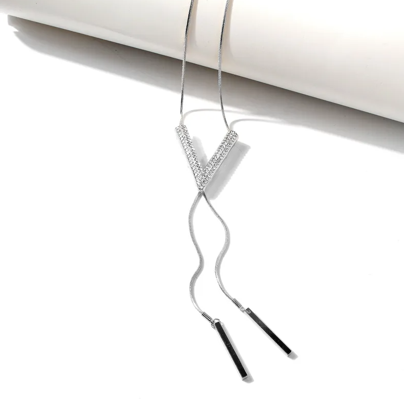 V Shape Silver Long Necklace