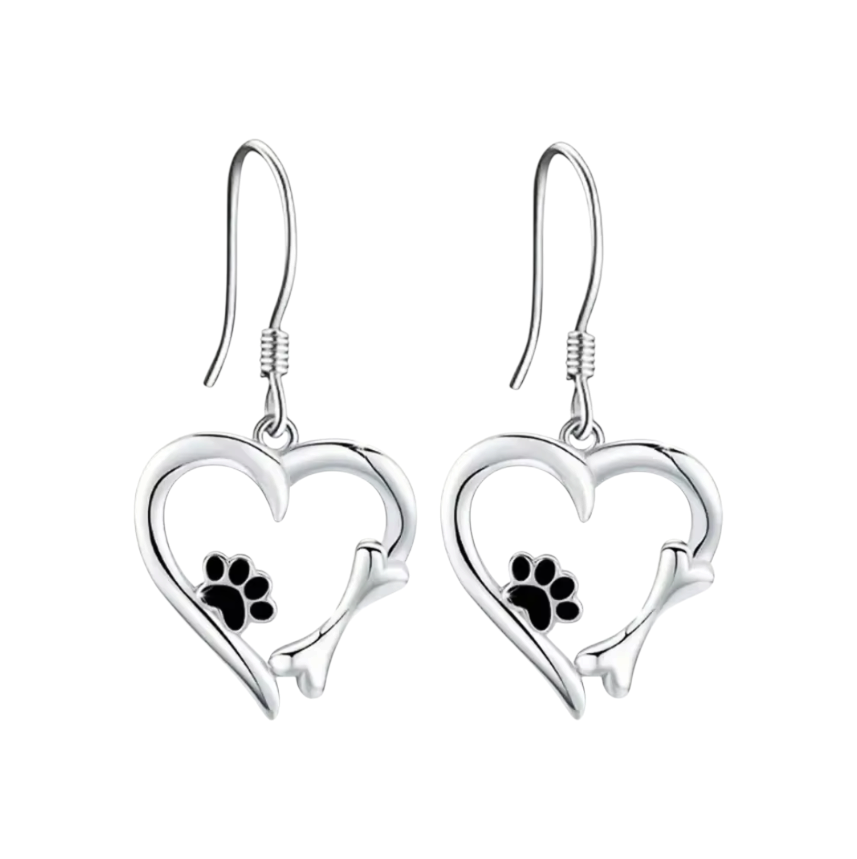 Omayra Boutique silver heart dangle earrings featuring a black dog paw print and bone design for pet lovers.