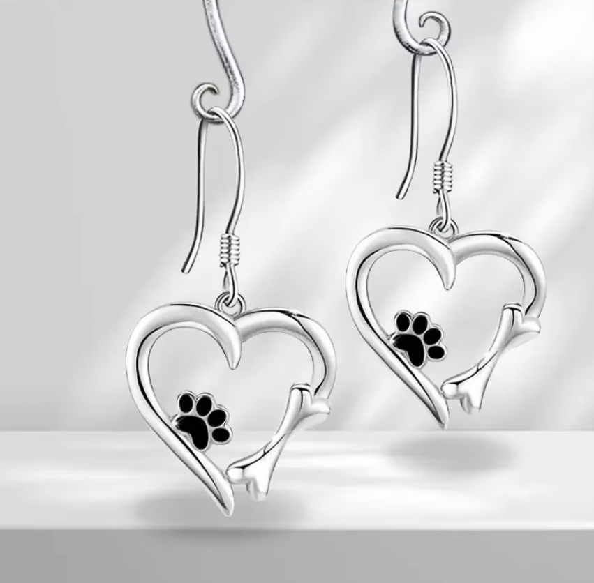 Silver Paw Print Heart Drop Earrings