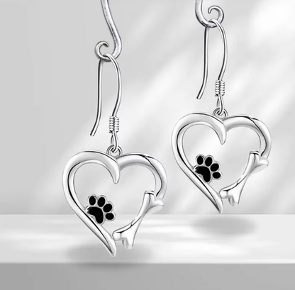 Silver Paw Print Heart Drop Earrings