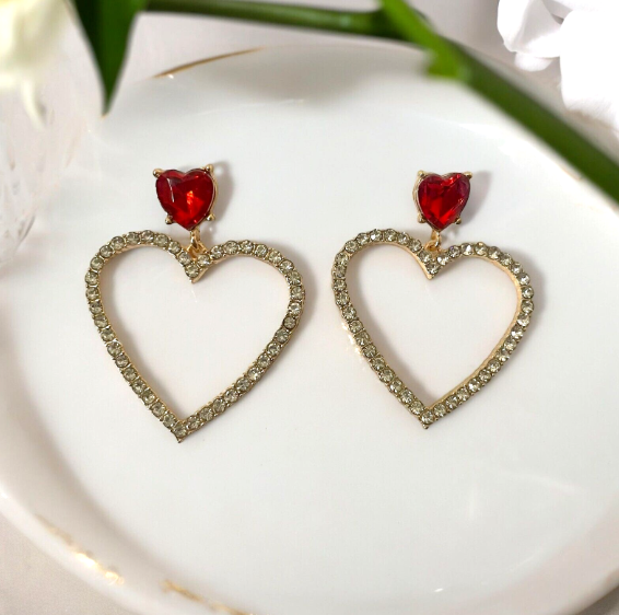 Pendientes colgantes con forma de corazón hueco y diamantes de imitación