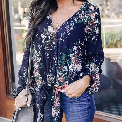 Blusa informal con cuello en V y lazo frontal con estampado floral para mujer